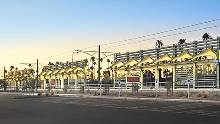 Light rail station at sunset