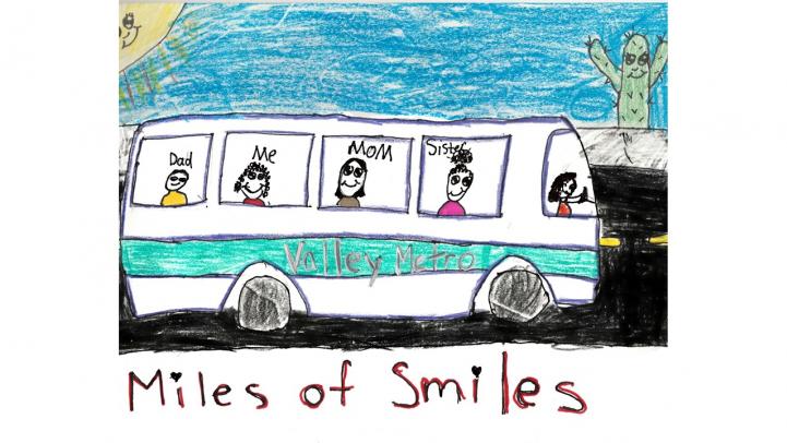 Artwork showing a Valley Metro bus with a family riding together.