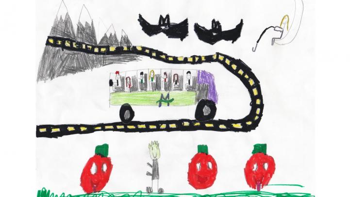 Artwork showing a Valley Metro bus traveling down the street with bats and pumpkins along the route.