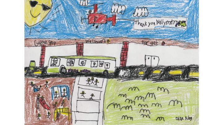 Artwork showing a Valley Metro bus stopping at a shopping center with children at a playground.