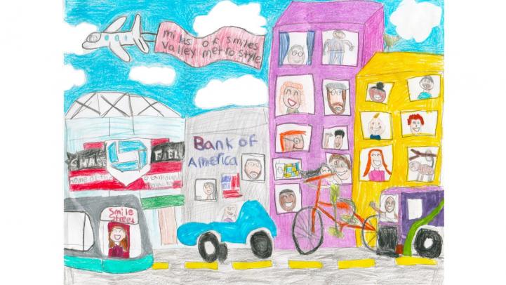 Artwork showing a Valley Metro bus and light rail traveling the through downtown Phoenix, passing Chase Field and other buildings.