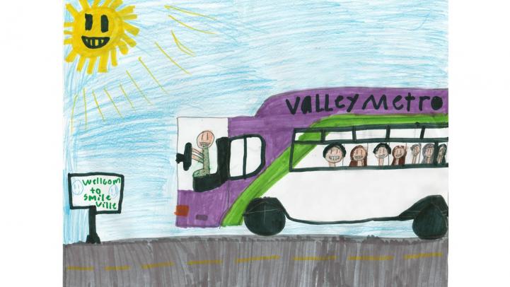 Artwork showing a Valley Metro bus entering "Smile-ville"
