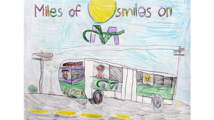 Artwork showing a Valley Metro light rail with a caption saying Miles of smiles on Valley Metro.
