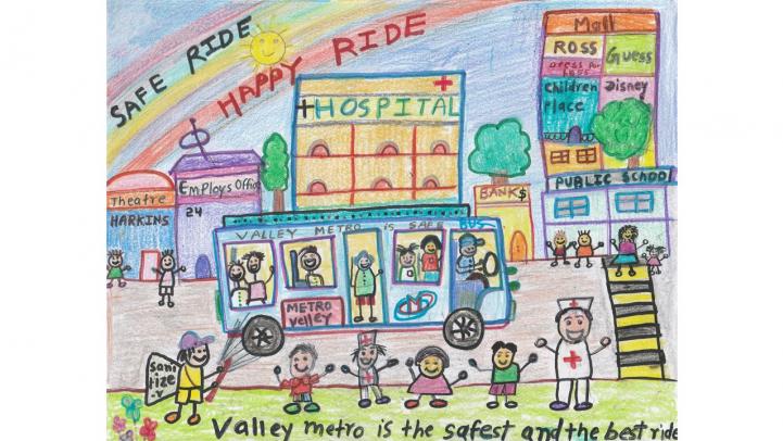 artwork showing a valley metro bus driving through the city with the caption "Safe ride. Happy ride. Valley Metro is the safest and the best ride."