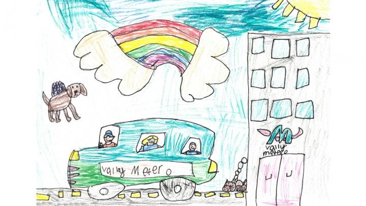 Artwork of a bus driving by the Valley Metro building with a rainbow overhead.
