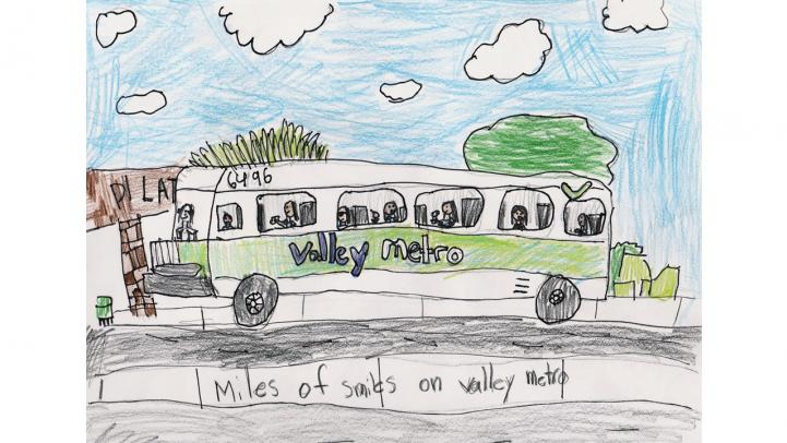 Artwork showing a Valley Metro bus pulling up to a bus stop. The caption reads "Miles of smiles on Valley Metro."