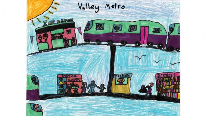 Artwork showing a Valley Metro light rail stopping at various locations, including an ice cream shop, Petco and the library.