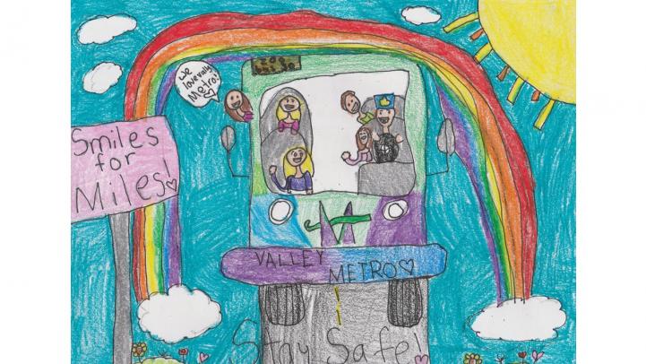 Artwork showing a Valley Metro bus driving down a street with a rainbow over it and a sign reading "Smiles for miles."