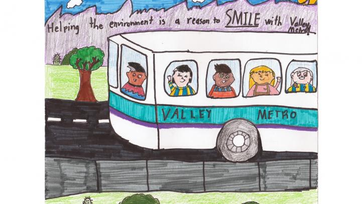 Artwork of a Valley Metro bus with happy riders and a caption saying "Helping the environment is a reason to smile with Valley Metro."