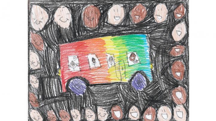 Artwork showing a rainbow Valley Metro bus surrounded by faces with smiles.