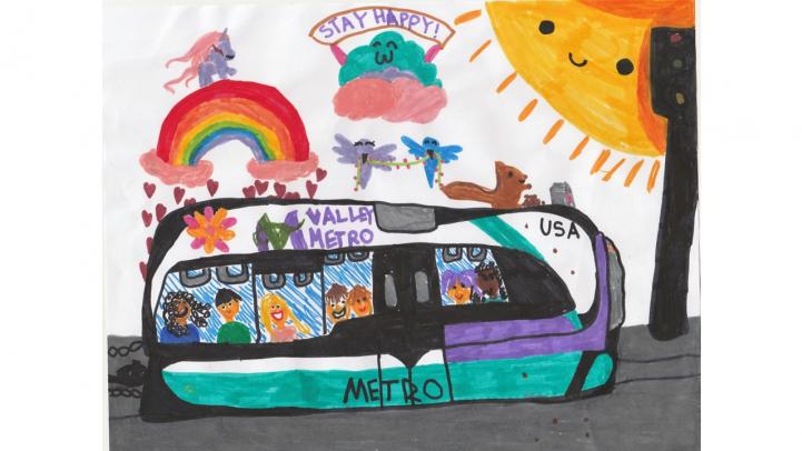 Artwork showing a Valley Metro light rail with happy riders, surrounded by animals, a rainbow and the sun.
