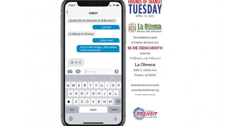 Friend of Transit Tuesday at La Olmeca flier. More information below.