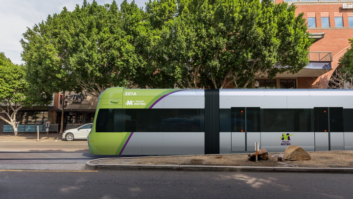 Example streetcar traveling through downtown Tempe on Mill Avenue