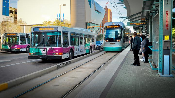 Valley metro bus and light rail car.