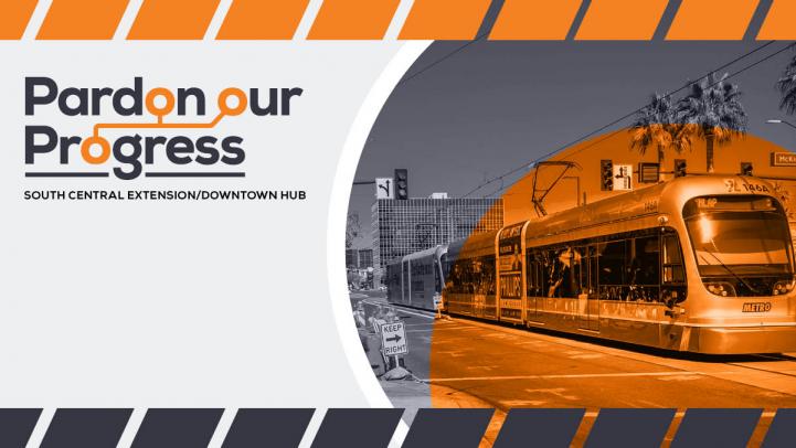 Pardon Our Progress with light rail train