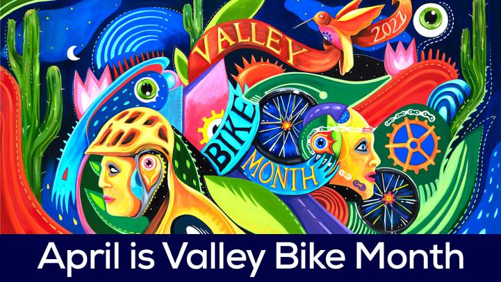 Artwork for Valley Bike Month featuring a biker, gears, tired, and other elements celebrating the uniqueness of the Valley.