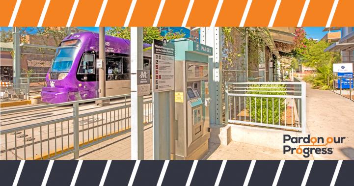 fare vending machines at a light rail station with pop branding