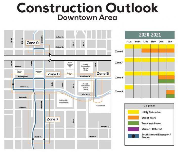 Six month construction outlook map for downtown Phoenix area. See description below for details.