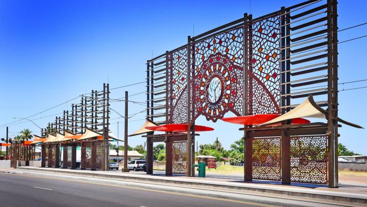 Alma School and Main Street light rail station art in Mesa