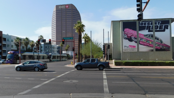 Phoenix Art Museum with light rail train