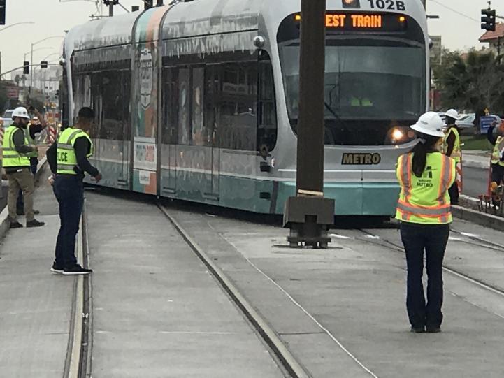 Train moving on Main Street for the Gilbert Road Extension testing