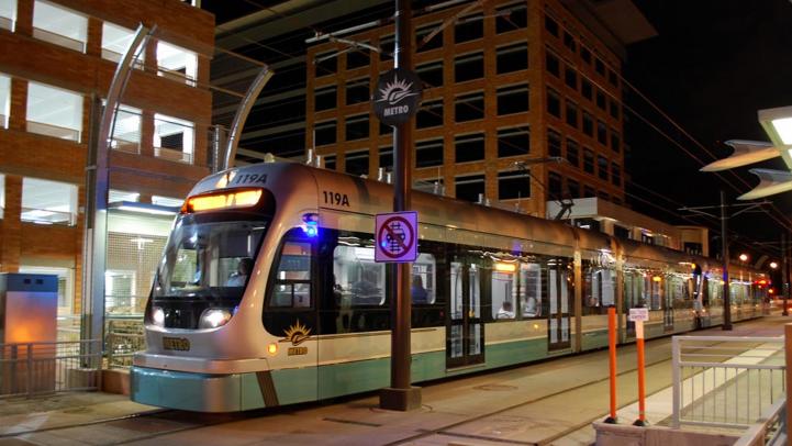 Light rail train at night