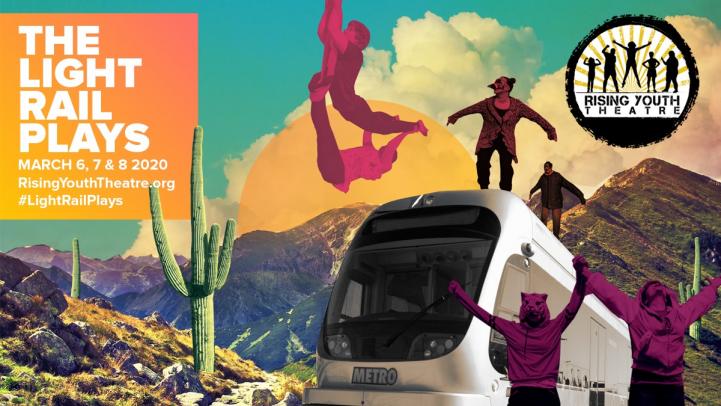 light rail vehicle and people cutouts promoting light rail plays march 6-8