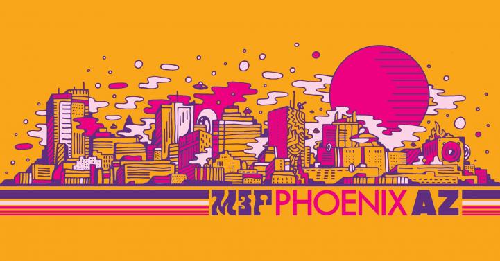 Phoenix city skyline cartoon style in orange, pink & purple