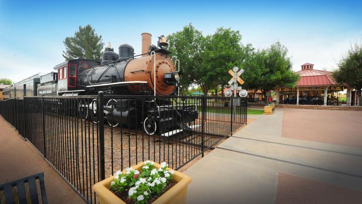 Train at the entrance of Railroad Park