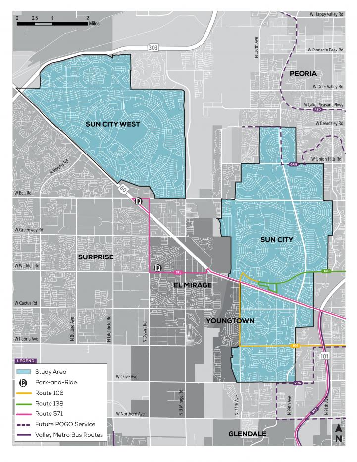 Existing Transit Service in the Sun Cities Area Map of the Sun Cities area depicting transit service as of February 2021.