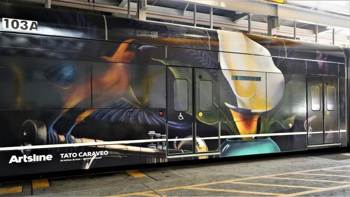 light rail train with Tato Caraveo's art of a bird and a flower