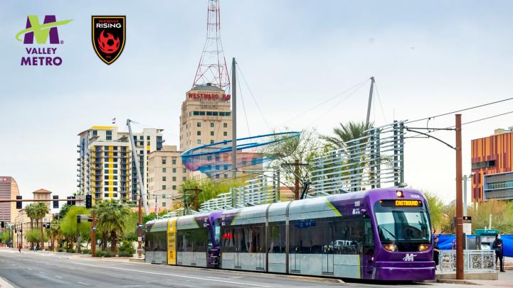 Valley Metro now serves Phoenix Rising stadium at 38th St/Washington Train in downtown Phoenix with Valley Metro logo and Phoenix Rising logo