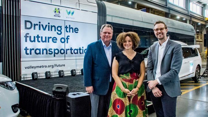 Valley Metro CEO, Scott Smith; Samantha Jackson, Waymo Early Rider; Shaun Stewart, Business Development for Waymo