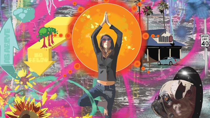 girl in yoga pose in front of bright sun and colorful art mural