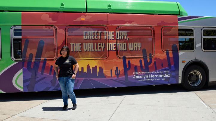 Jocelyn Hernandez, the winner of Valley Metro’s 22nd Annual Design a Transit Wrap contest, presents her artwork – “Greet the Day, the Valley Metro Way” The winner of Valley Metro’s 22nd Annual Design