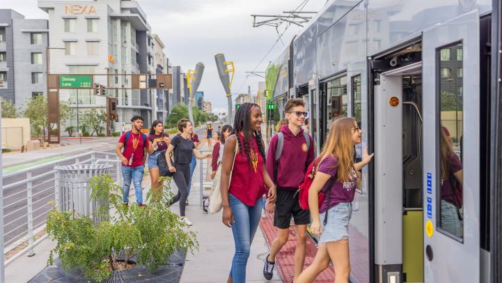 Students get on Streetcar in Tempe