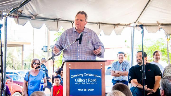 Valley Metro CEO Scott Smith speaking at the 50th Street/Washington light rail station opening