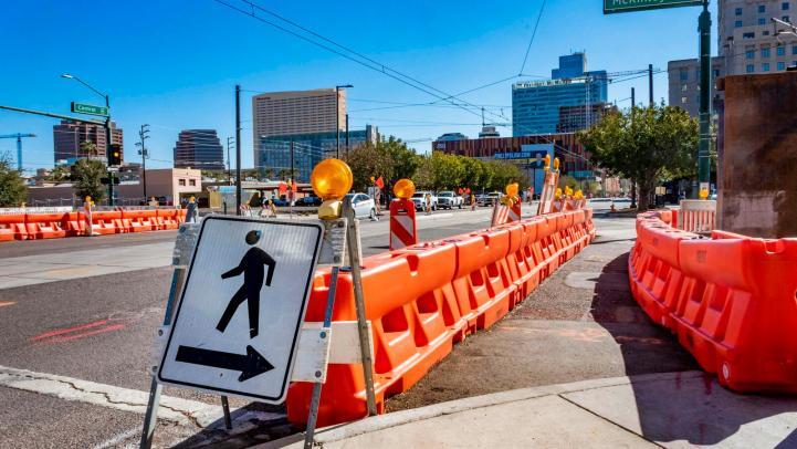 Construction zone with pedestrian crossing