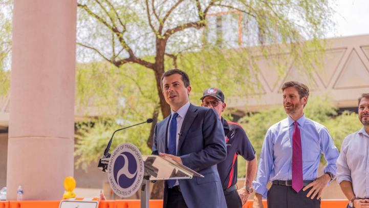Secretary Pete Buttigieg speaking at a November event